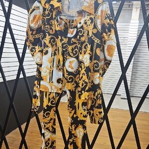Baroque Print Button-Up Shirt and Pants Set - Black & Gold